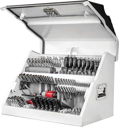 white and chrome tool box says steel glide on front|Powerbuilt 26 Inch Portable Slant Front Rapid Toolbox Tiered .